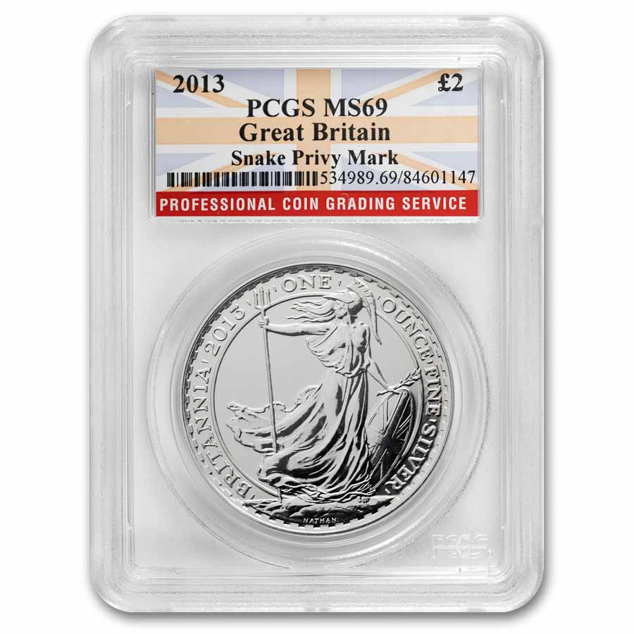 2013 Great Britain 1 oz Silver Britannia (Snake Privy) MS-69 PCGS